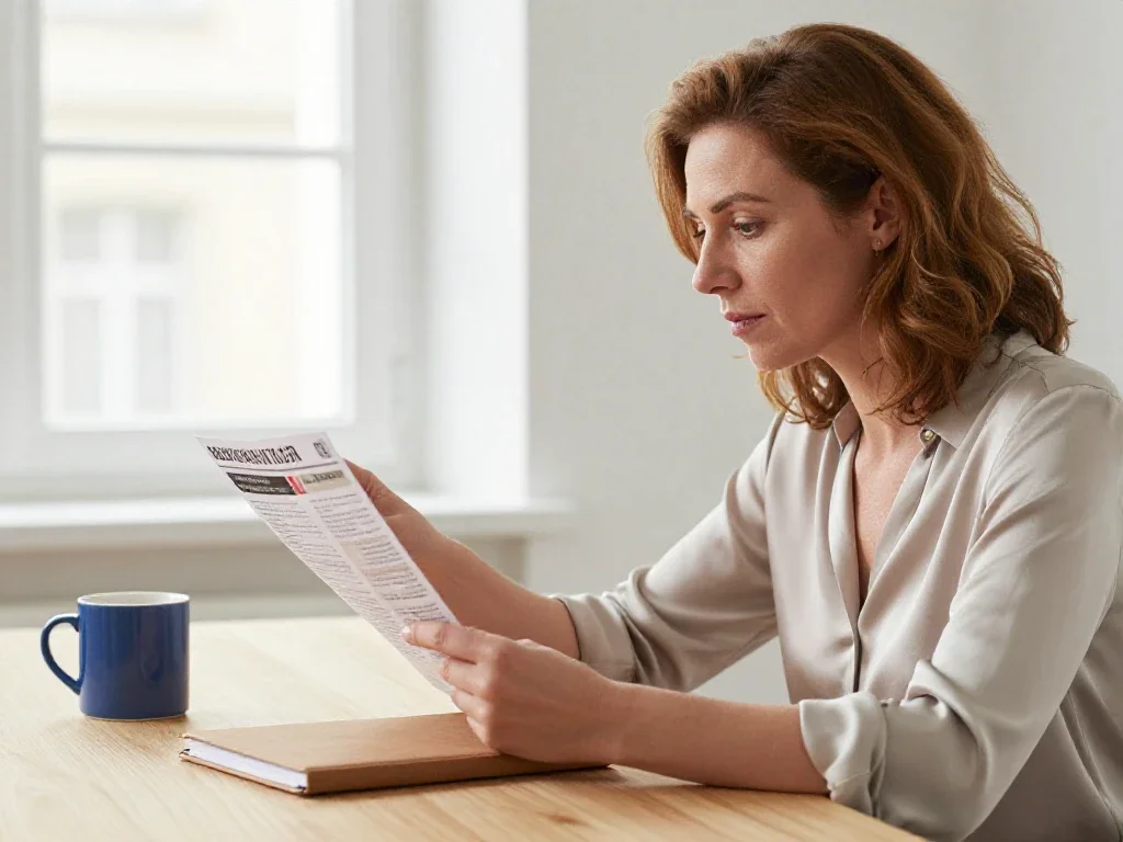 Une femme française examine attentivement des actualités imprimées pour suivre les dernières informations professionnelles.