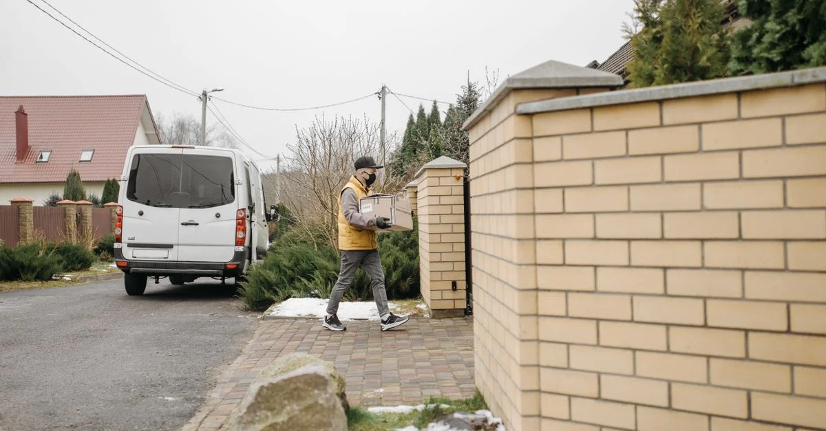 Un coursier livre un colis dans un quartier résidentiel avec une fourgonnette blanche à proximité.