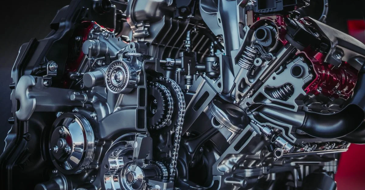 Gros plan détaillé d'un moteur de voiture moderne en métal avec des composants complexes.